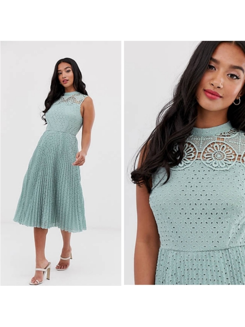 ASOS DESIGN high neck sleeveless pleated lace midi dress sage green size 10